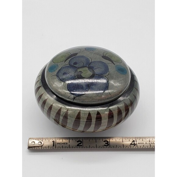 Tonala Mexico Lidded Trinket Dish Yellow Butterfies & Blue Flower Jewelry VTG - Picture 8 of 12